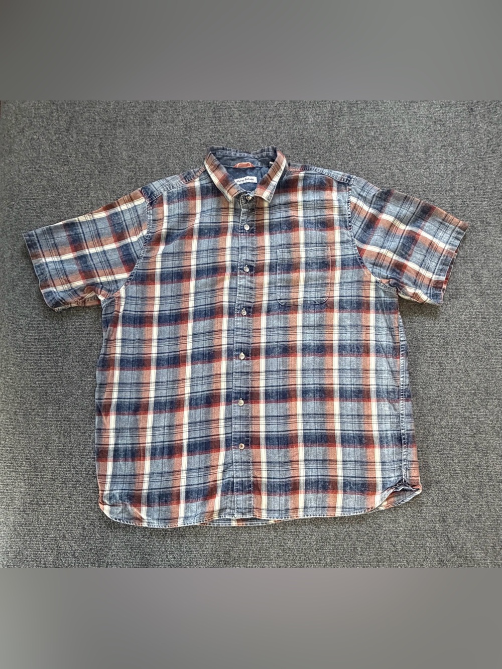 Tommy Bahama Mens 2XLT Plaid Denim Chambray Short Sleeve Cotton Button Up Shirt